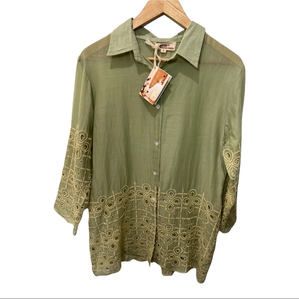 ANTICA SARTORIA SAGE AND YELLOW EMBROIDERED BUTTON UP COTTON BLOUSE NWT